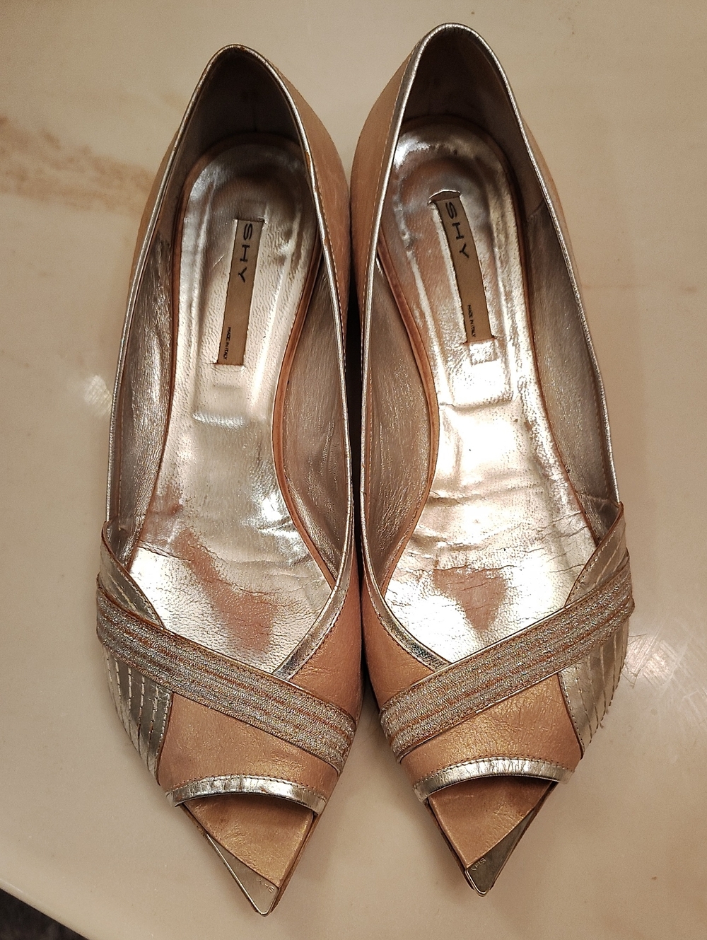 SHY Metallic Gold Pointed Peep-Toe Heels
